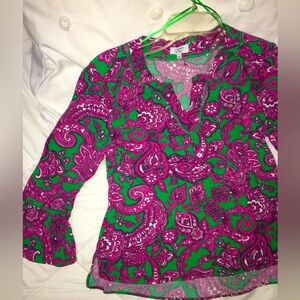 Crown & Ivy | Pink and Green Paisley Floral Blouse